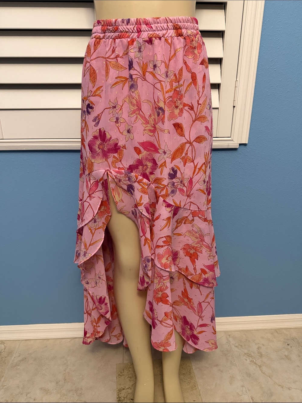Misa Los Angeles Pink Floral High-Low Ruffle Skirt